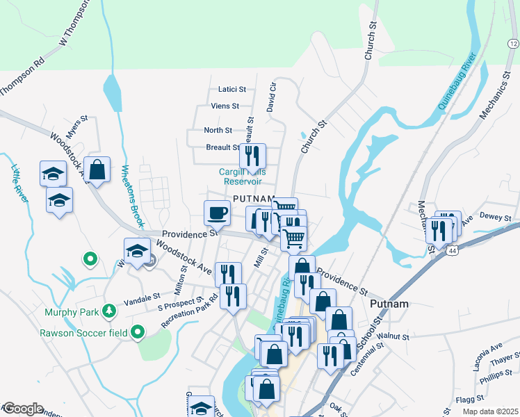 map of restaurants, bars, coffee shops, grocery stores, and more near 98 Van Den Noort Street in Putnam