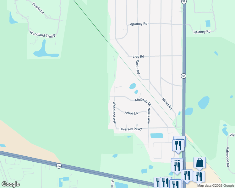 map of restaurants, bars, coffee shops, grocery stores, and more near 30W572 Mulberry Drive in West Chicago