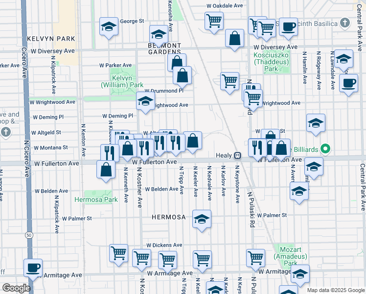 map of restaurants, bars, coffee shops, grocery stores, and more near 2427 North Tripp Avenue in Chicago