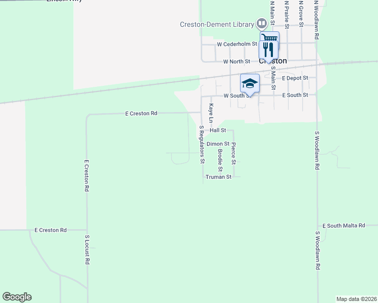 map of restaurants, bars, coffee shops, grocery stores, and more near 519 South Regulators Street in Creston