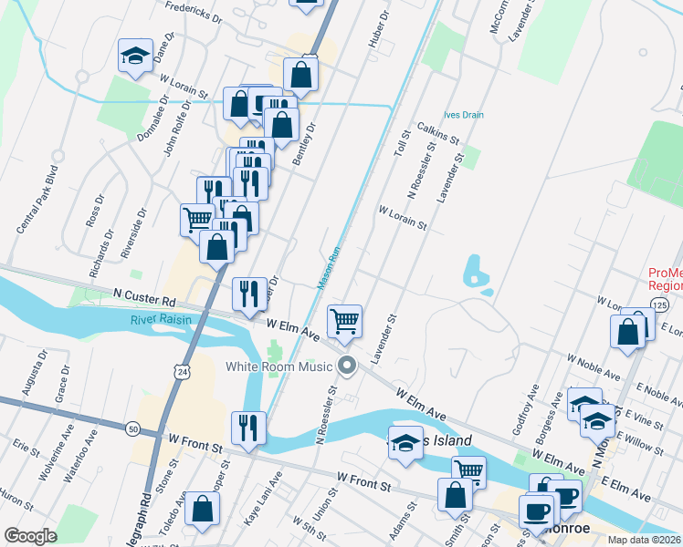 map of restaurants, bars, coffee shops, grocery stores, and more near 322 Toll Street in Monroe
