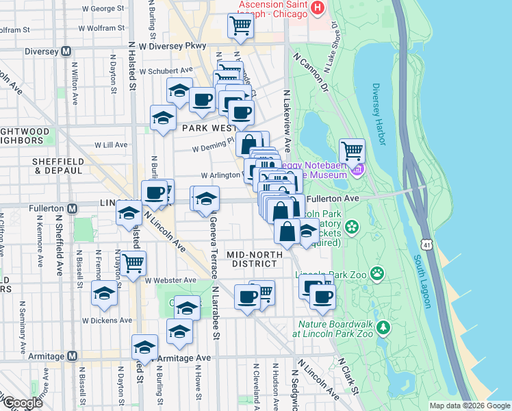 map of restaurants, bars, coffee shops, grocery stores, and more near 2349 North Cleveland Avenue in Chicago