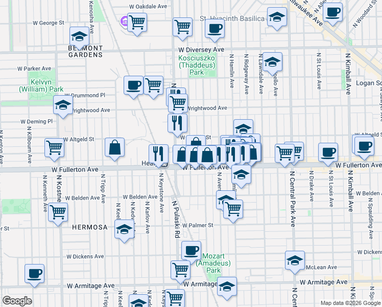 map of restaurants, bars, coffee shops, grocery stores, and more near 2416 North Harding Avenue in Chicago