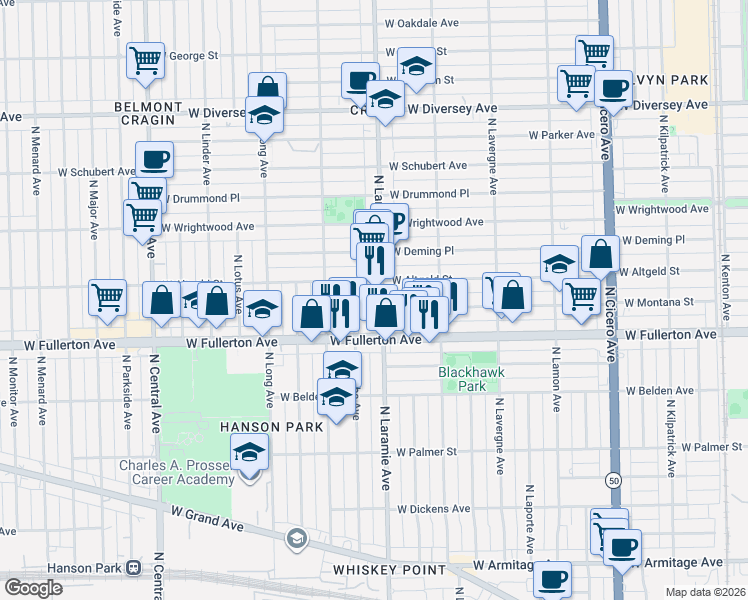 map of restaurants, bars, coffee shops, grocery stores, and more near 2435 North Laramie Avenue in Chicago