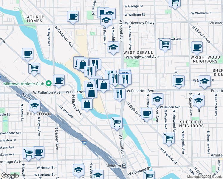 map of restaurants, bars, coffee shops, grocery stores, and more near in Chicago