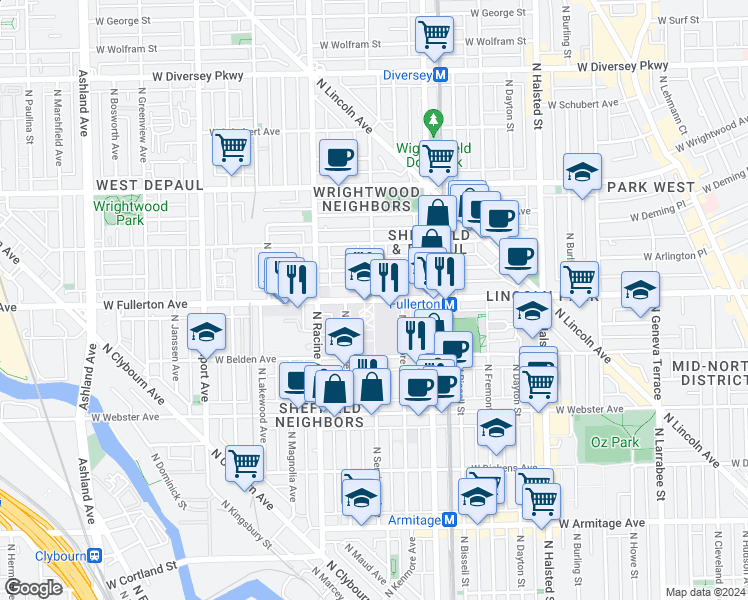 map of restaurants, bars, coffee shops, grocery stores, and more near in Chicago