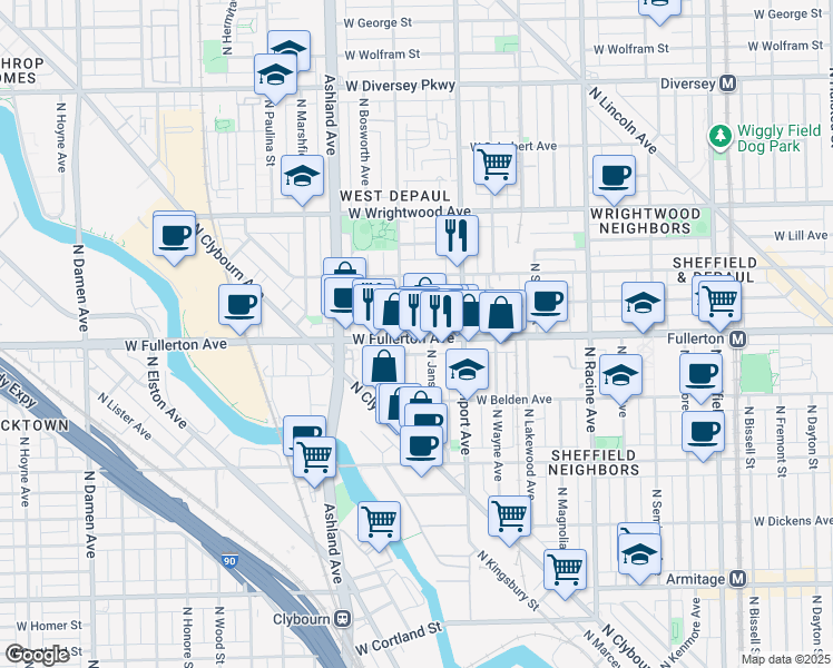 map of restaurants, bars, coffee shops, grocery stores, and more near 1446 West Fullerton Avenue in Chicago