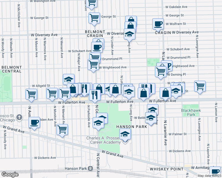 map of restaurants, bars, coffee shops, grocery stores, and more near 2435 North Linder Avenue in Chicago