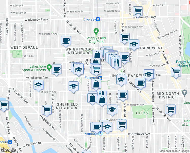 map of restaurants, bars, coffee shops, grocery stores, and more near West Fullerton Avenue & North Sheffield Avenue in Chicago