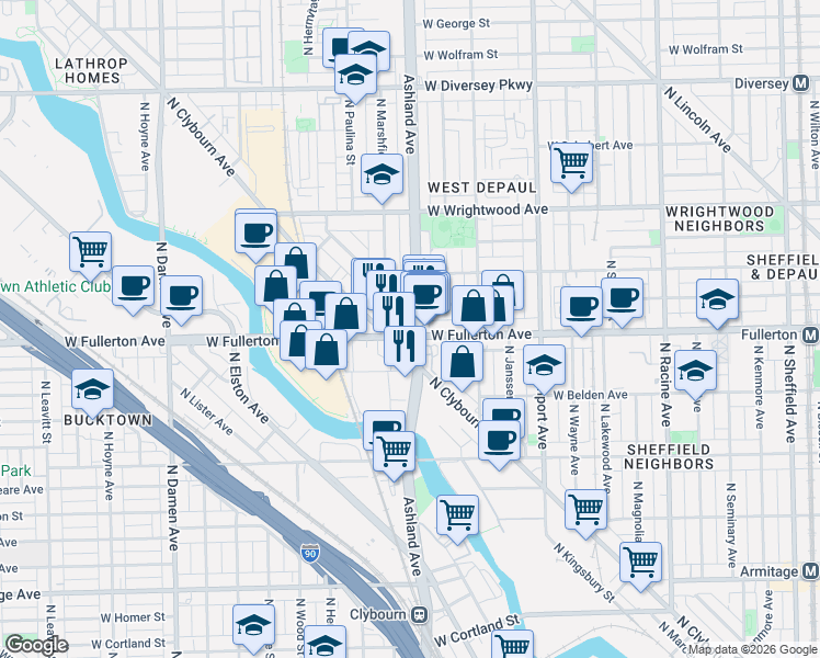 map of restaurants, bars, coffee shops, grocery stores, and more near 2400 North Ashland Avenue in Chicago