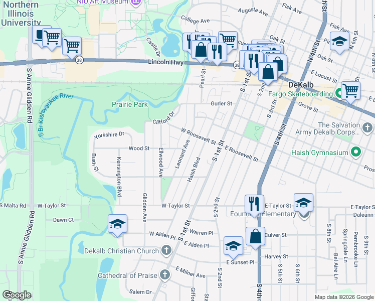map of restaurants, bars, coffee shops, grocery stores, and more near 710 Leonard Avenue in DeKalb