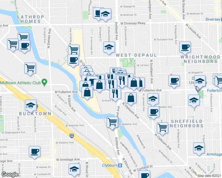 map of restaurants, bars, coffee shops, grocery stores, and more near 2405 North Clybourn Avenue in Chicago