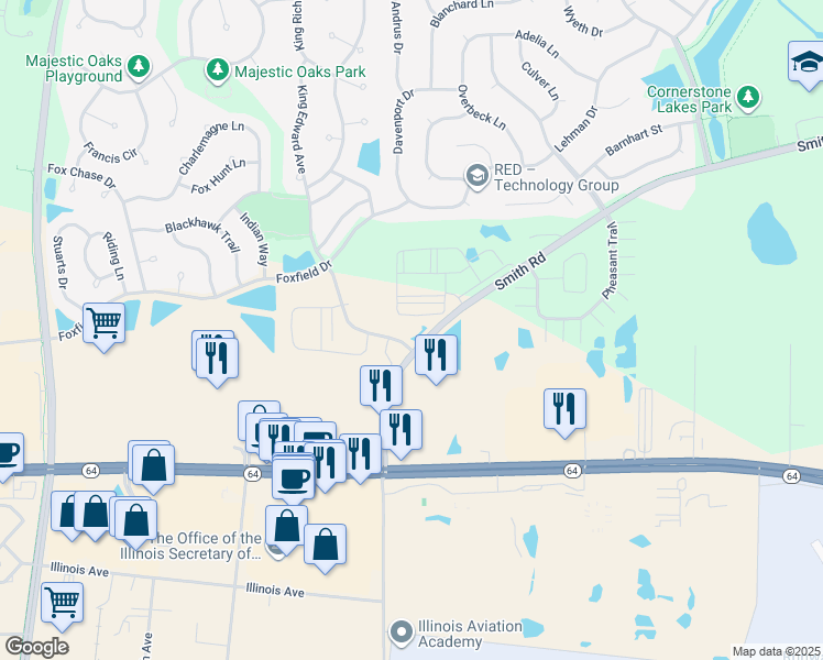 map of restaurants, bars, coffee shops, grocery stores, and more near 225 Smith Road in St. Charles