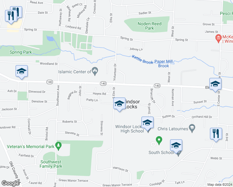 map of restaurants, bars, coffee shops, grocery stores, and more near 10 South Elm Street in Windsor Locks
