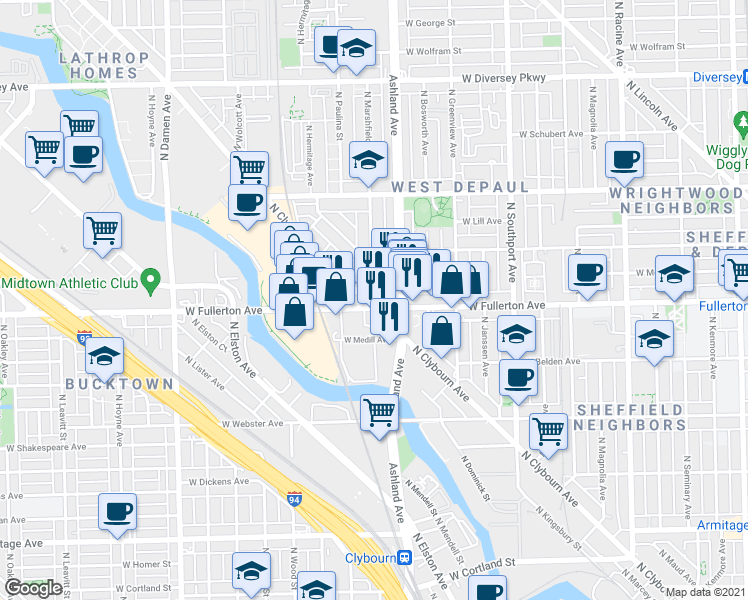 map of restaurants, bars, coffee shops, grocery stores, and more near 2403 North Clybourn Avenue in Chicago