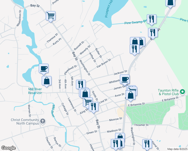 map of restaurants, bars, coffee shops, grocery stores, and more near 27 Jackson Street in Taunton