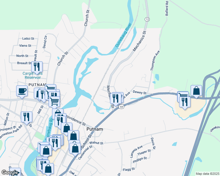 map of restaurants, bars, coffee shops, grocery stores, and more near 40 Groveland Avenue in Putnam