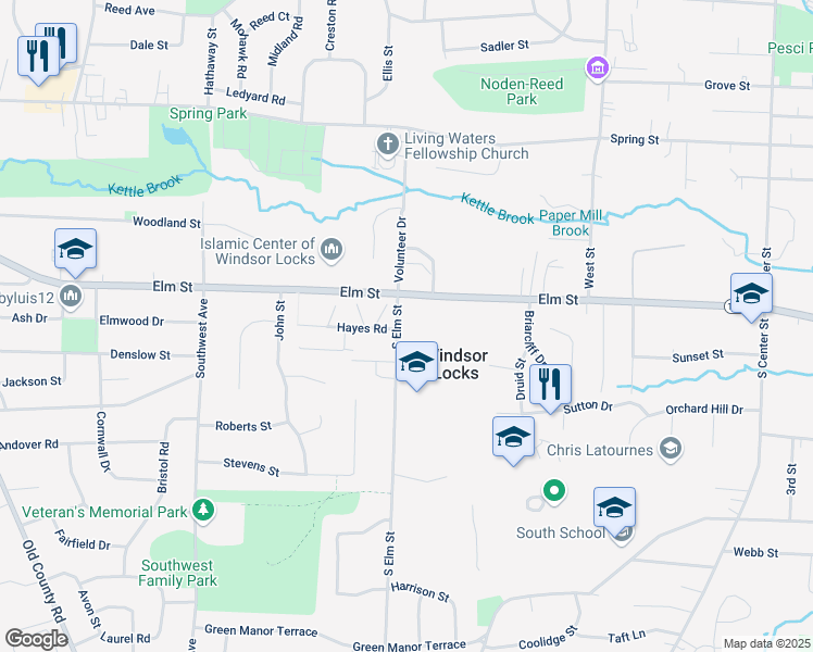 map of restaurants, bars, coffee shops, grocery stores, and more near 23 South Elm Street in Windsor Locks