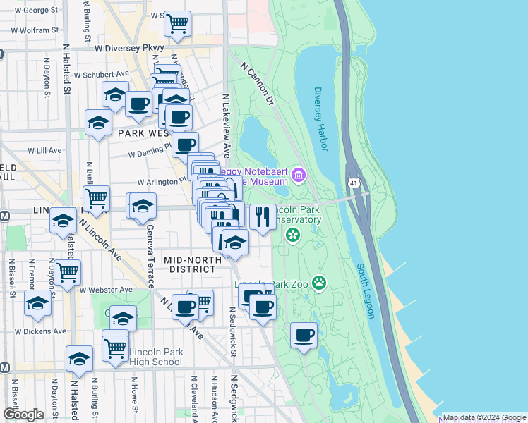 map of restaurants, bars, coffee shops, grocery stores, and more near 2329 North Commonwealth Avenue in Chicago