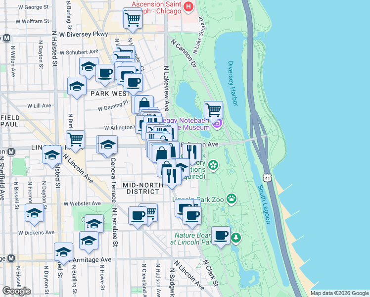 map of restaurants, bars, coffee shops, grocery stores, and more near 2329 North Commonwealth Avenue in Chicago