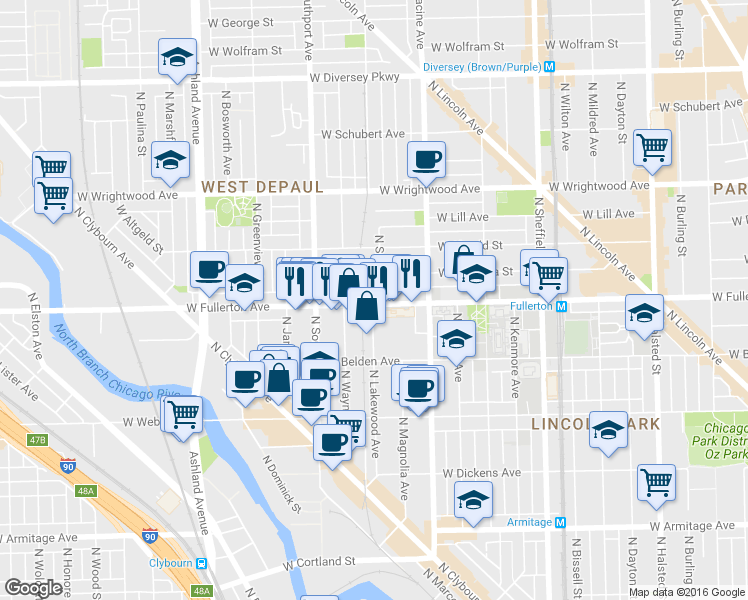 map of restaurants, bars, coffee shops, grocery stores, and more near 1333 West Fullerton Avenue in Chicago