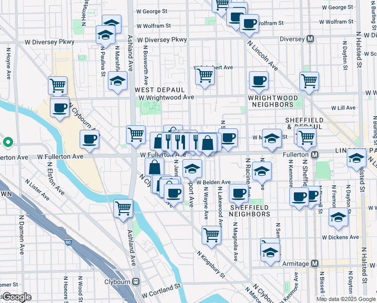 map of restaurants, bars, coffee shops, grocery stores, and more near 1363 West Fullerton Avenue in Chicago