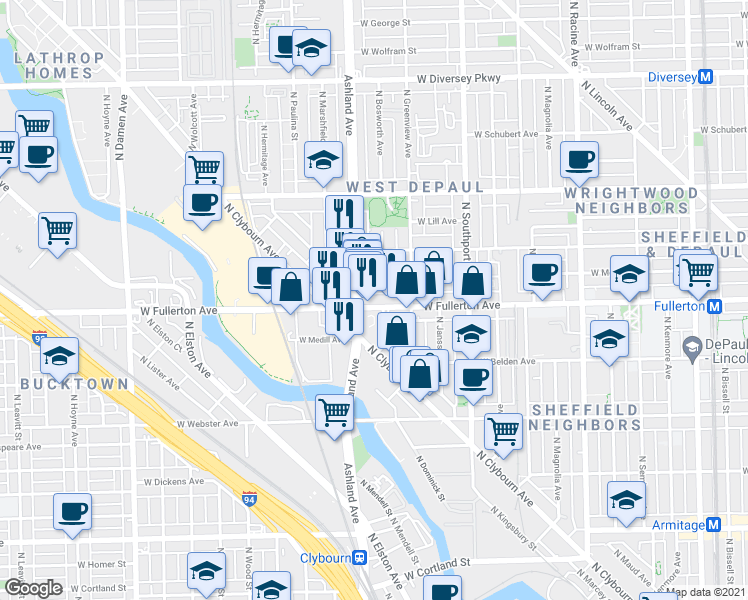 map of restaurants, bars, coffee shops, grocery stores, and more near 2303 North Clybourn Avenue in Chicago