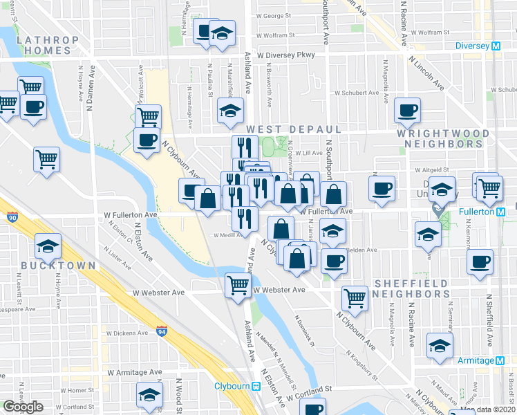 map of restaurants, bars, coffee shops, grocery stores, and more near in Chicago
