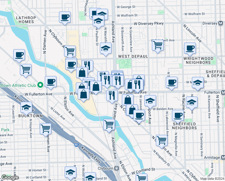 map of restaurants, bars, coffee shops, grocery stores, and more near 2360 North Clybourn Avenue in Chicago