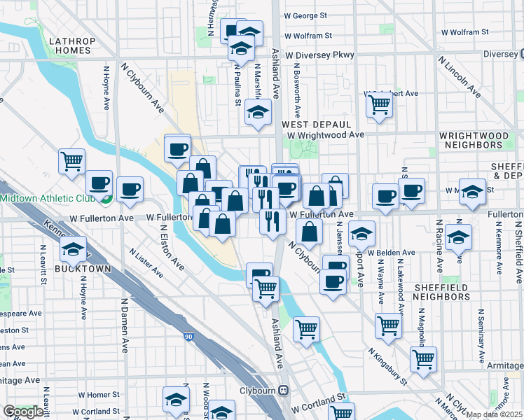 map of restaurants, bars, coffee shops, grocery stores, and more near in Chicago
