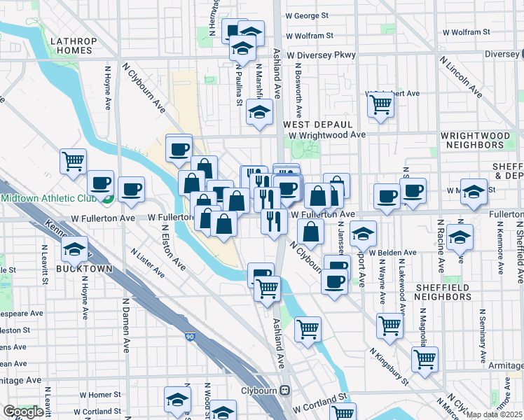 map of restaurants, bars, coffee shops, grocery stores, and more near in Chicago