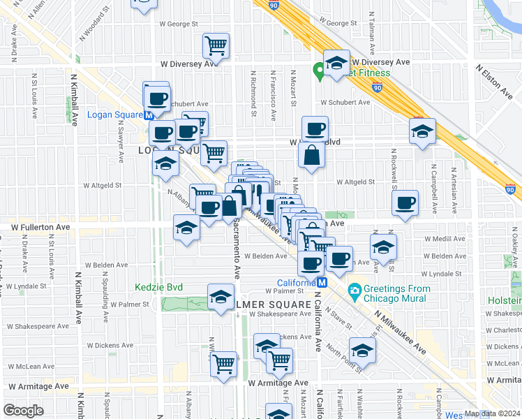 map of restaurants, bars, coffee shops, grocery stores, and more near in Chicago
