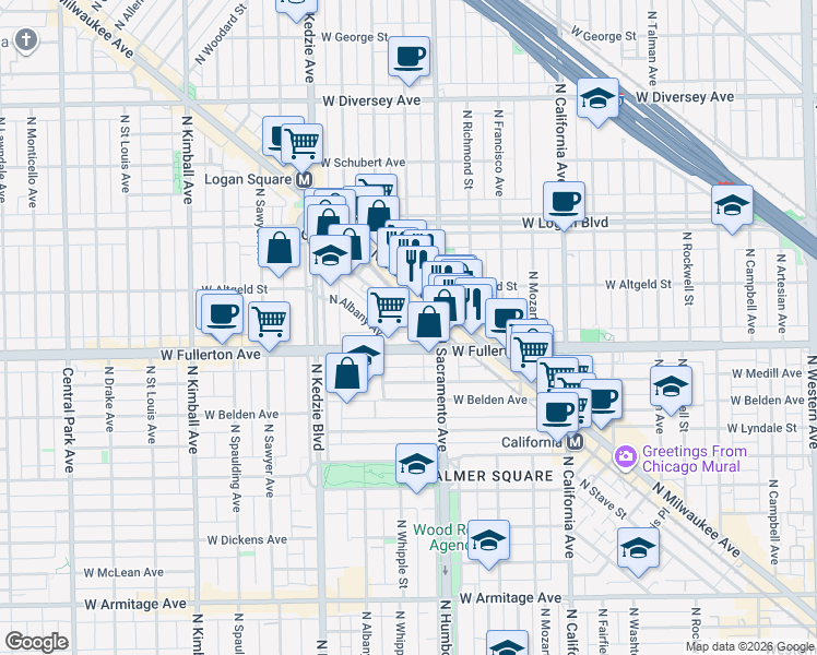 map of restaurants, bars, coffee shops, grocery stores, and more near 3030 West Fullerton Avenue in Chicago