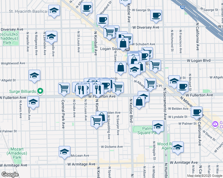 map of restaurants, bars, coffee shops, grocery stores, and more near 3248 West Fullerton Avenue in Chicago