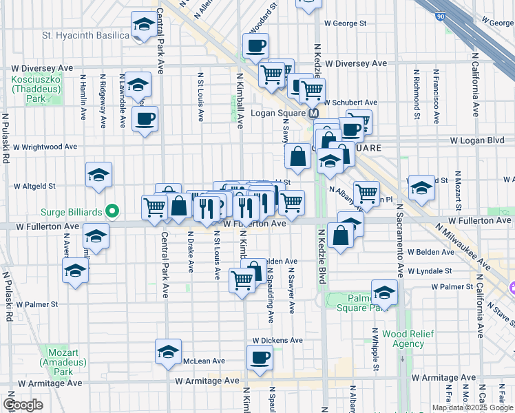 map of restaurants, bars, coffee shops, grocery stores, and more near 3302 West Fullerton Avenue in Chicago