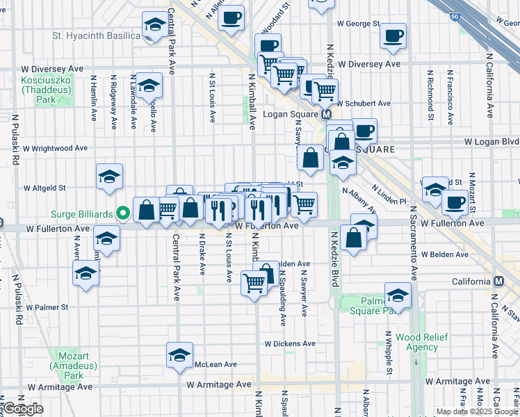 map of restaurants, bars, coffee shops, grocery stores, and more near 3408 West Fullerton Avenue in Chicago