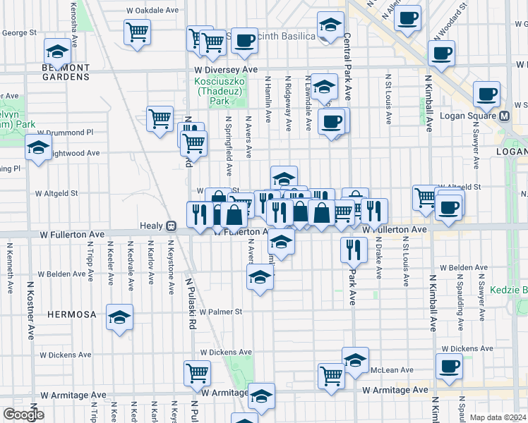map of restaurants, bars, coffee shops, grocery stores, and more near 2417 North Avers Avenue in Chicago