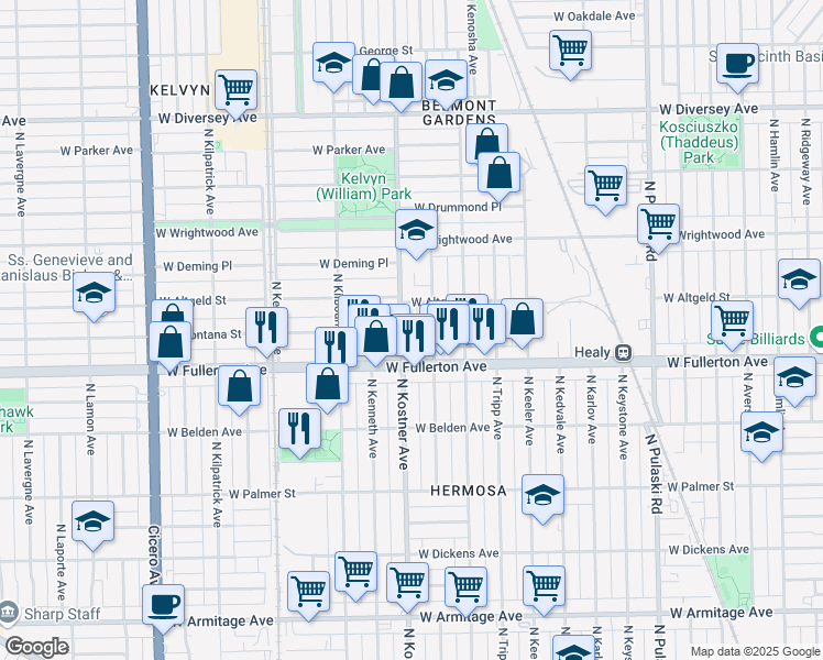 map of restaurants, bars, coffee shops, grocery stores, and more near 2417 North Kostner Avenue in Chicago