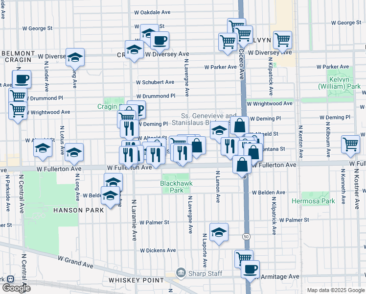 map of restaurants, bars, coffee shops, grocery stores, and more near 5005 West Montana Street in Chicago