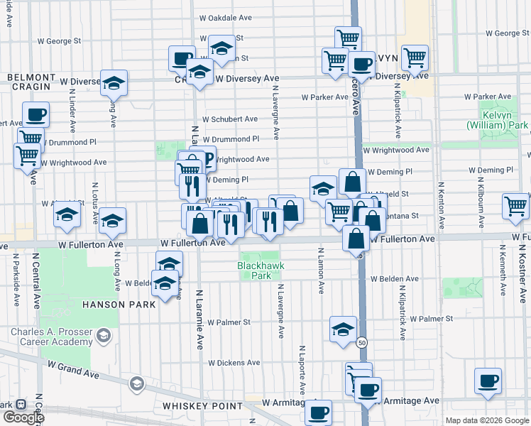 map of restaurants, bars, coffee shops, grocery stores, and more near 5005 West Montana Street in Chicago