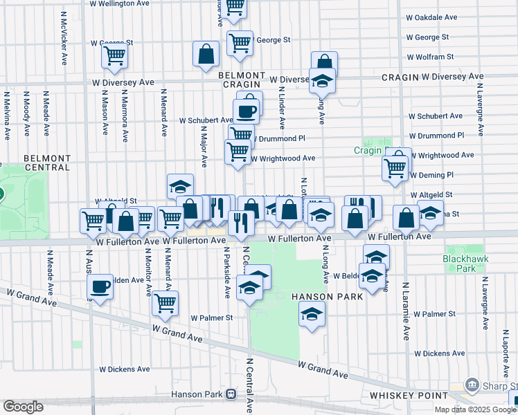 map of restaurants, bars, coffee shops, grocery stores, and more near 2432 North Luna Avenue in Chicago
