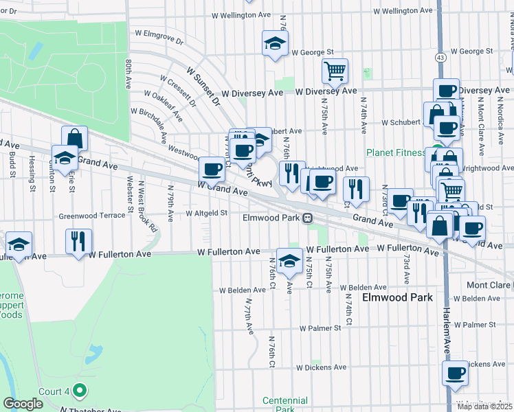 map of restaurants, bars, coffee shops, grocery stores, and more near 2452 North 76th Court in Elmwood Park