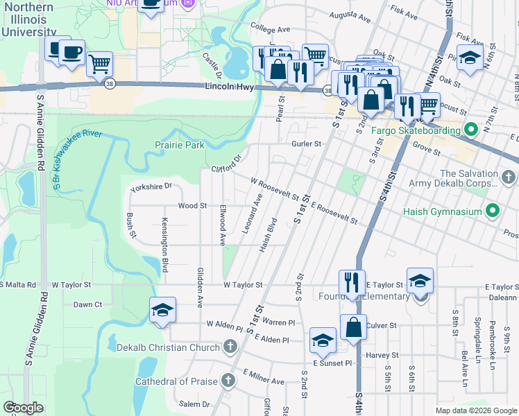 map of restaurants, bars, coffee shops, grocery stores, and more near 710 Leonard Avenue in DeKalb