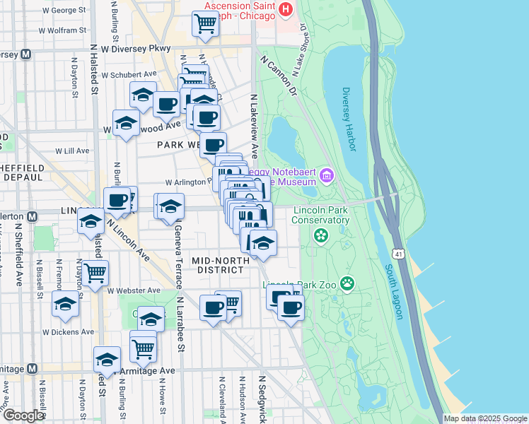map of restaurants, bars, coffee shops, grocery stores, and more near in Chicago