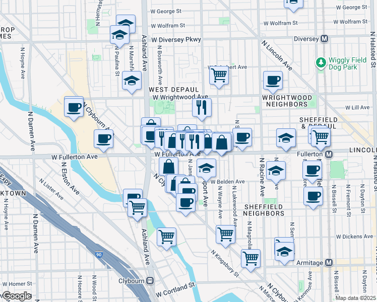 map of restaurants, bars, coffee shops, grocery stores, and more near 1423 West Fullerton Avenue in Chicago