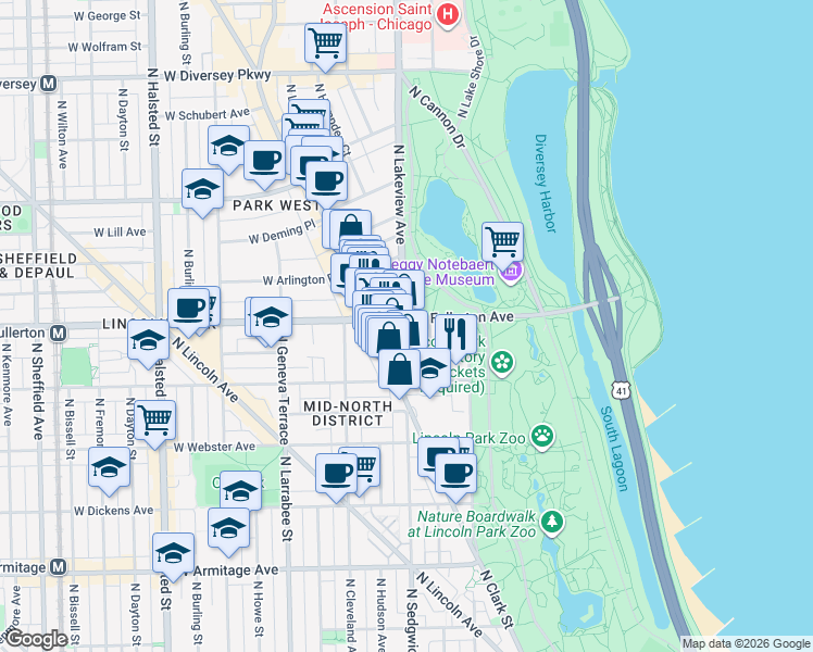 map of restaurants, bars, coffee shops, grocery stores, and more near 399 West Fullerton Parkway in Chicago