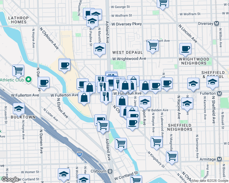 map of restaurants, bars, coffee shops, grocery stores, and more near 1540 West Fullerton Avenue in Chicago