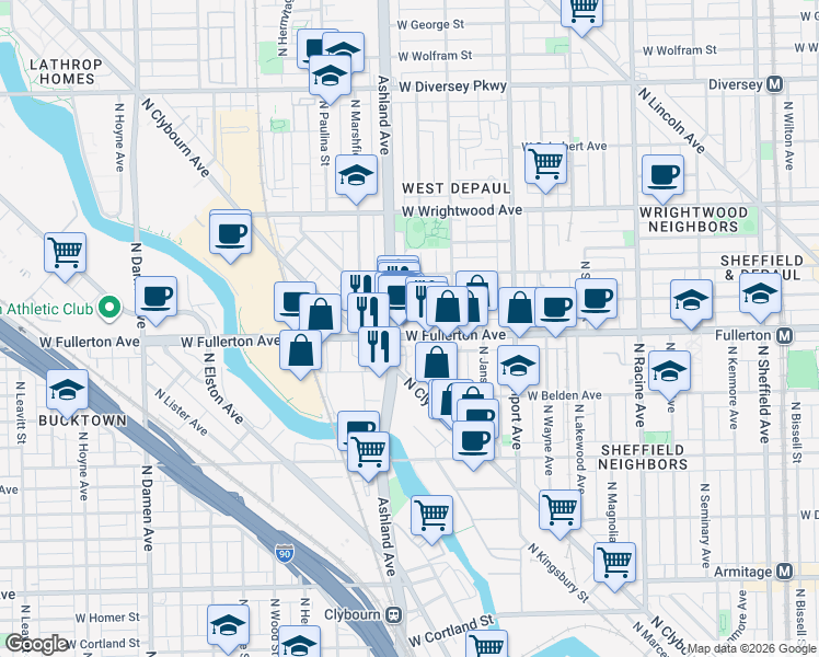 map of restaurants, bars, coffee shops, grocery stores, and more near 1540 West Fullerton Avenue in Chicago