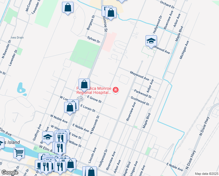 map of restaurants, bars, coffee shops, grocery stores, and more near 721 North Macomb Street in Monroe