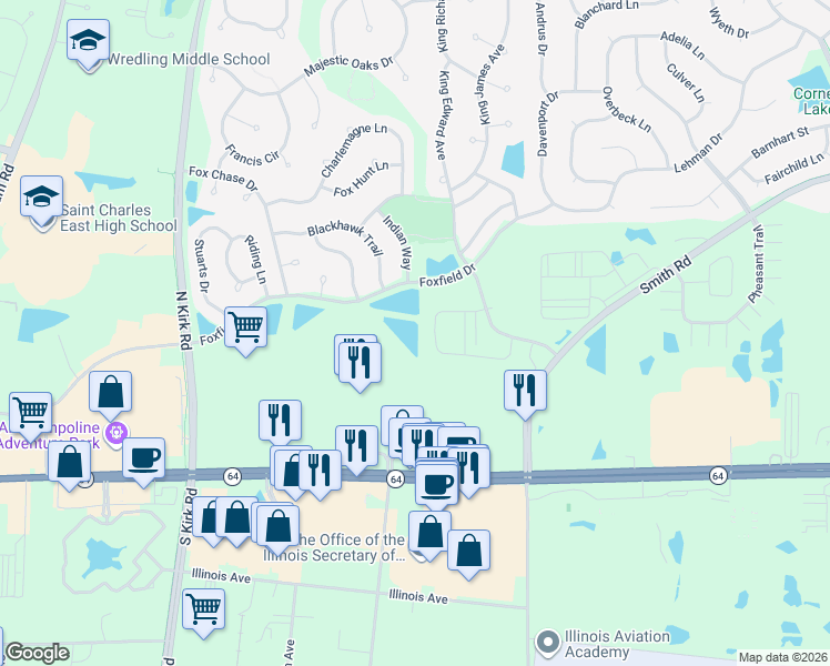 map of restaurants, bars, coffee shops, grocery stores, and more near 421 Lakeshore Court in St. Charles
